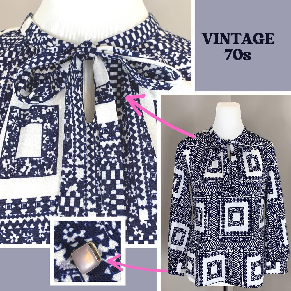 Vintage 70s Bold Geo Graphic Blue White PUS8Y Bow Lilac Mood Style Buttons ~SZ M